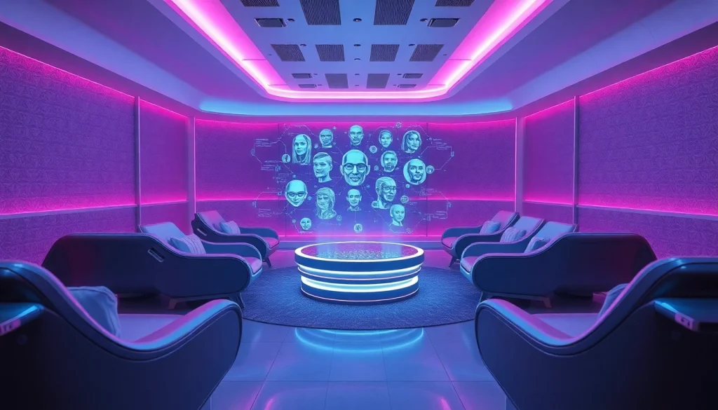 Futuristic lounge designed for innovative ai sex experiences with holographic AI companions.