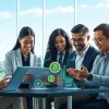 Engaging professionals analyzing cryptocurrency trends using a cloud mining app in a modern, sustainable workspace.
