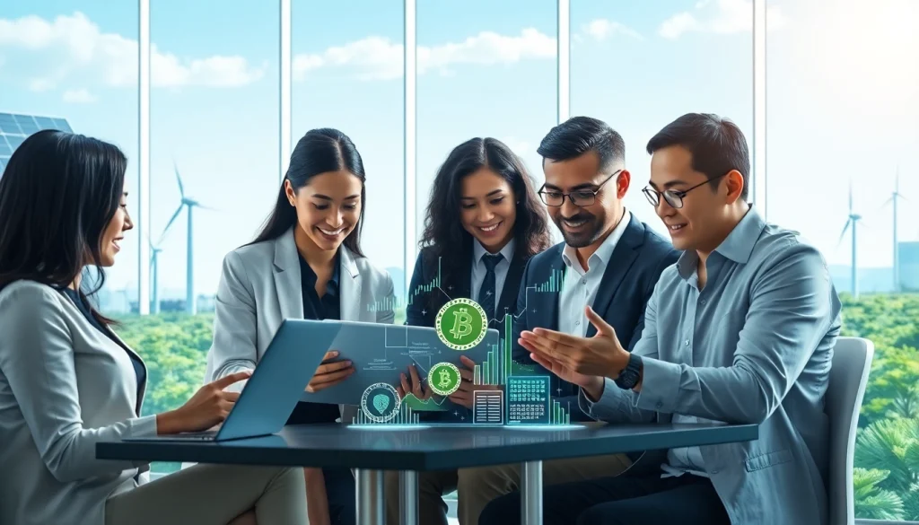 Engaging professionals analyzing cryptocurrency trends using a cloud mining app in a modern, sustainable workspace.