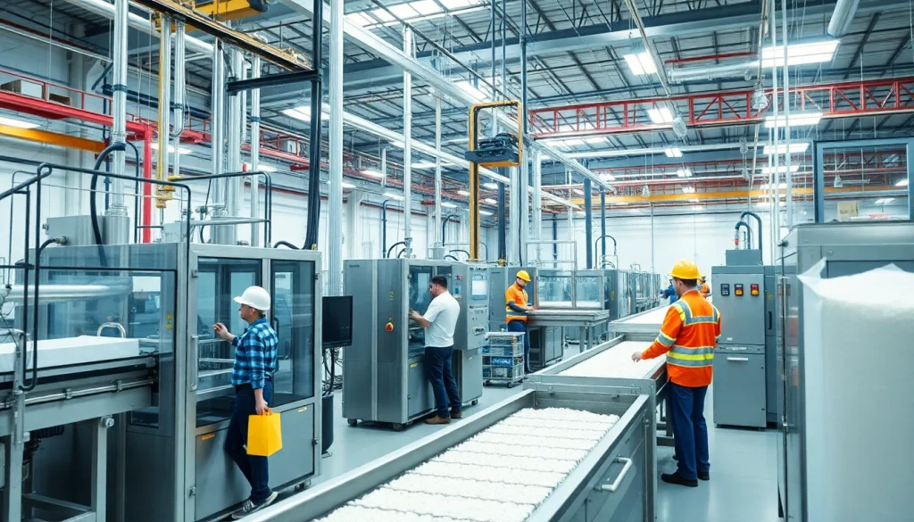 Produzione nella fabbrica di dolcificanti con lavoratori e macchinari all'avanguardia.