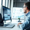 Analyzing competitive intelligence data in a modern office setting.