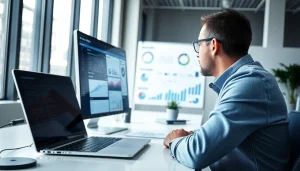 Analyzing competitive intelligence data in a modern office setting.