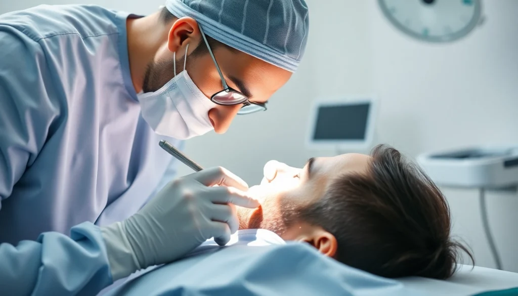 Hair transplant procedure showcasing a surgeon expertly performing follicular unit extraction in a bright clinic.