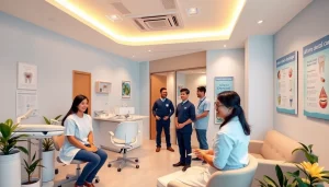 Welcoming reception area of a dental clinic showcasing affordable dental care in Kepong with friendly staff and smiling patients.