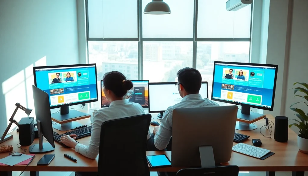 Dịch vụ thiết kế website showcased in a vibrant, collaborative workspace with designers at work.