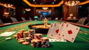 A dynamic scene of online casino gaming with ga6789 branding, showcasing poker chips and a roulette wheel.