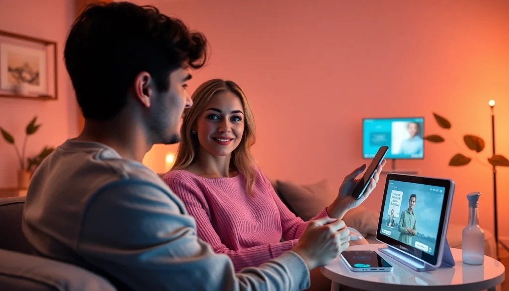 Couple engaging with AI technology in a romantic, modern setting enhancing ai sex experiences.