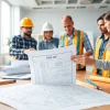 Diverse contractors discussing the DAS 140 form in a busy office.