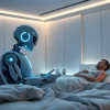 An intimate scene with a human interacting with a humanoid robot in a modern bedroom, highlighting the concept of ai sex.