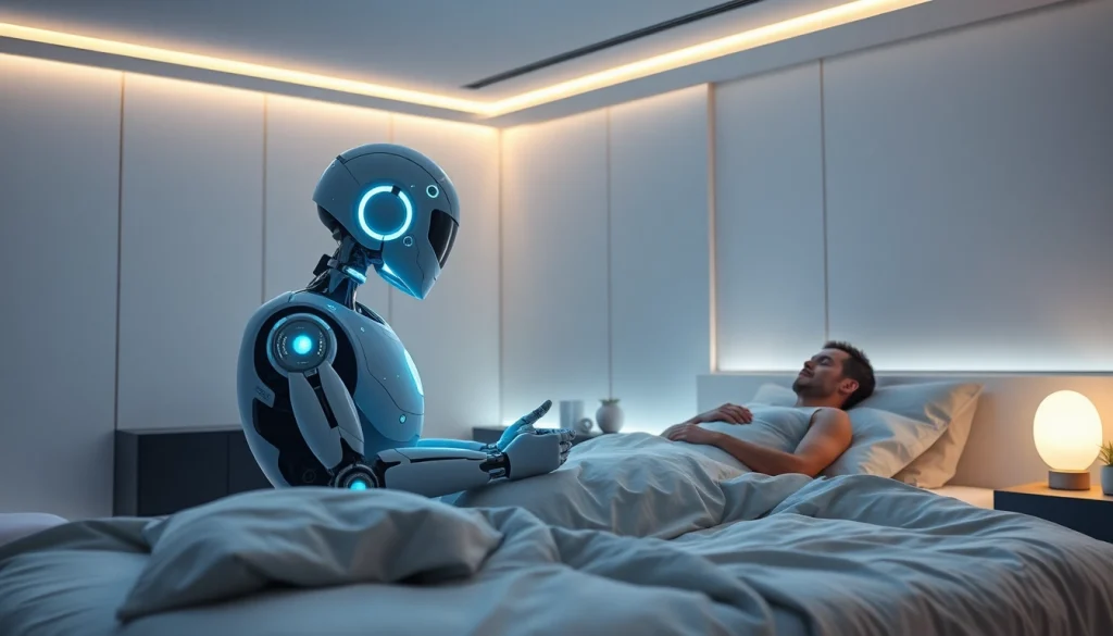 An intimate scene with a human interacting with a humanoid robot in a modern bedroom, highlighting the concept of ai sex.