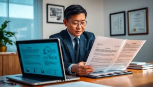 Traducteur assermenté chinois expérimenté examinant des documents officiels dans un cadre professionnel.