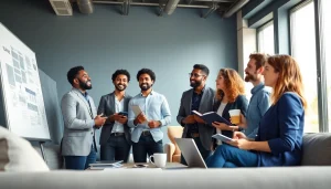 Engaged participants in a professional business coaching service session with diverse entrepreneurs discussing strategies.