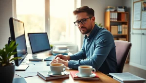 Sworn translator (tłumacz przysięgły) focused on work with documents and a computer in a modern office.