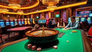 Engaging casino scene highlighting 상품권카드 with poker chips and roulette wheel, embodying excitement.