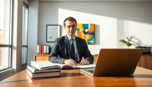 Consulting with an intellectual property lawyer in a bright, modern office.