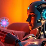 AI sex companion in a cozy setting with warm lighting, showcasing intimacy and technology.