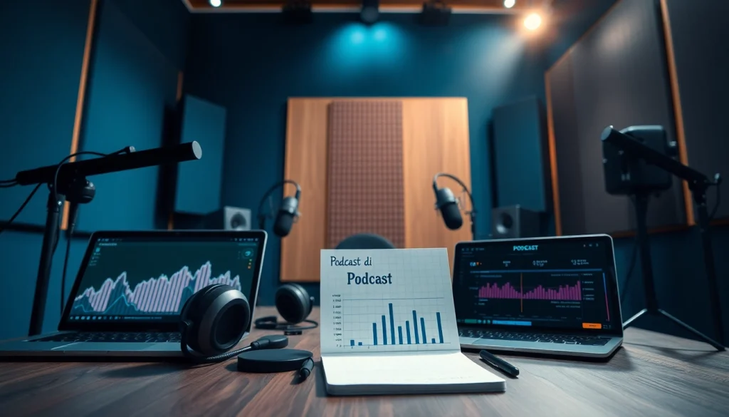 Configurazione dello studio di registrazione del Podcast di VendiamoImprese con microfoni e attrezzature digitali.