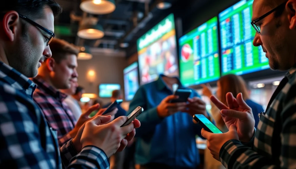 Engaging bettors using sports betting apps Oklahoma in a vibrant sports bar setting.