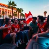World Cup Group Transportation in a luxurious limousine at a vibrant LA stadium with fans celebrating.