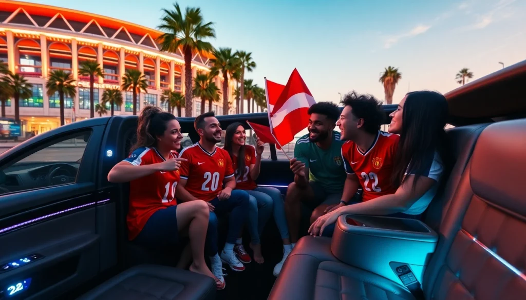 World Cup Group Transportation in a luxurious limousine at a vibrant LA stadium with fans celebrating.