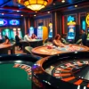 Experience excitement with "link to w88" at an upscale casino featuring vibrant gaming tables.