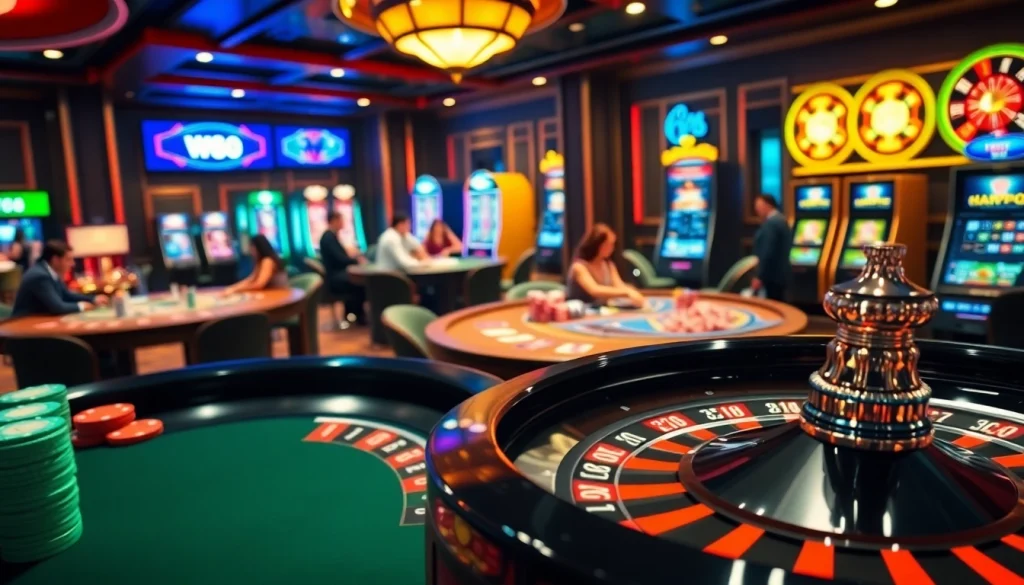 Experience excitement with "link to w88" at an upscale casino featuring vibrant gaming tables.