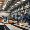 Workers engaged in custom steel fabrication, showcasing intricate metalwork in a vibrant workshop.