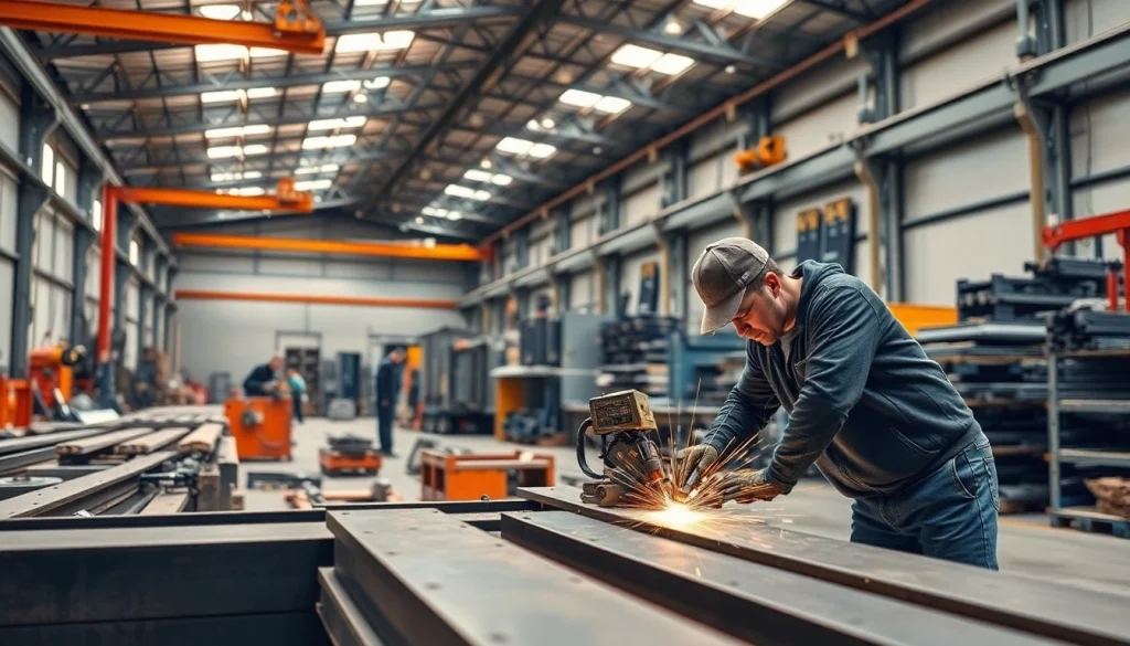 Workers engaged in custom steel fabrication, showcasing intricate metalwork in a vibrant workshop.