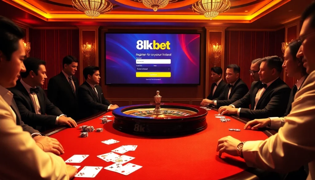 Engaging scene with players registering for 8kbet amidst exciting casino activities.