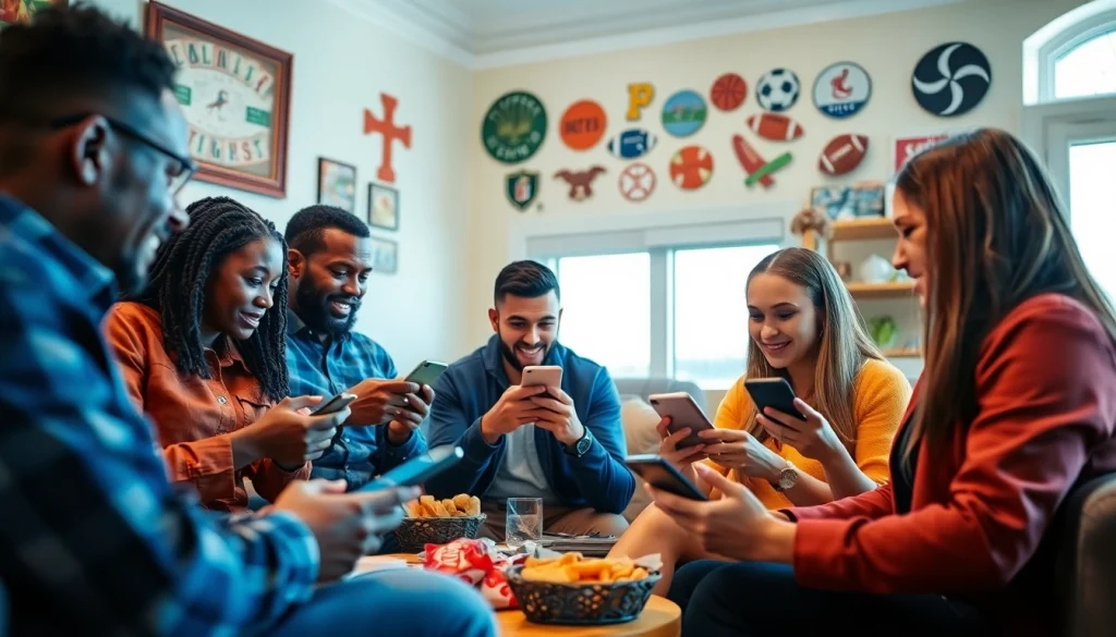 Engaged users exploring sports betting apps Georgia in a cozy setting with vibrant sports decor.