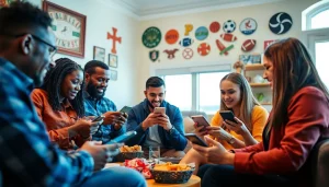 Engaged users exploring sports betting apps Georgia in a cozy setting with vibrant sports decor.