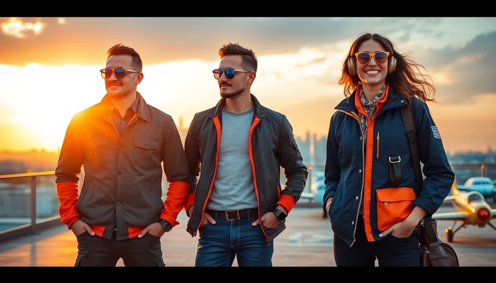 FLY88 fashion scene featuring aviation-inspired apparel against a vibrant sunset backdrop.