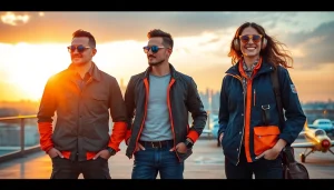FLY88 fashion scene featuring aviation-inspired apparel against a vibrant sunset backdrop.
