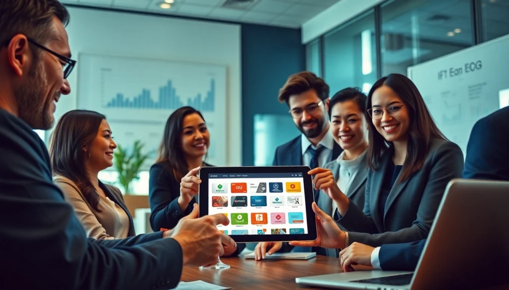 현대적인 사무실 환경에서 상품권카드에 대해 논의하는 비즈니스 전문가들, 협업과 혁신을 강조하는 모습.