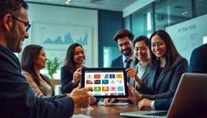 현대적인 사무실 환경에서 상품권카드에 대해 논의하는 비즈니스 전문가들, 협업과 혁신을 강조하는 모습.