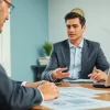 Consulente finanziario che aiuta un cliente a comprendere la legge 3 del 2012 sul sovraindebitamento.