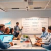 Phone number verification in a modern office with professionals discussing data accuracy.