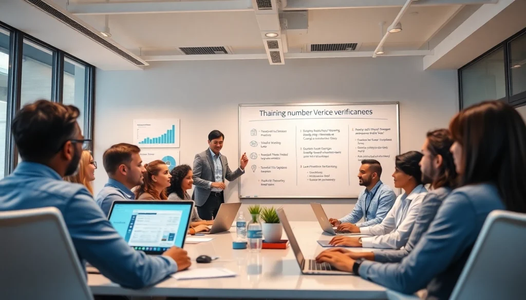 Phone number verification in a modern office with professionals discussing data accuracy.