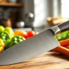 Showcasing a chef’s knife NZ on a wooden board, surrounded by vibrant vegetables.