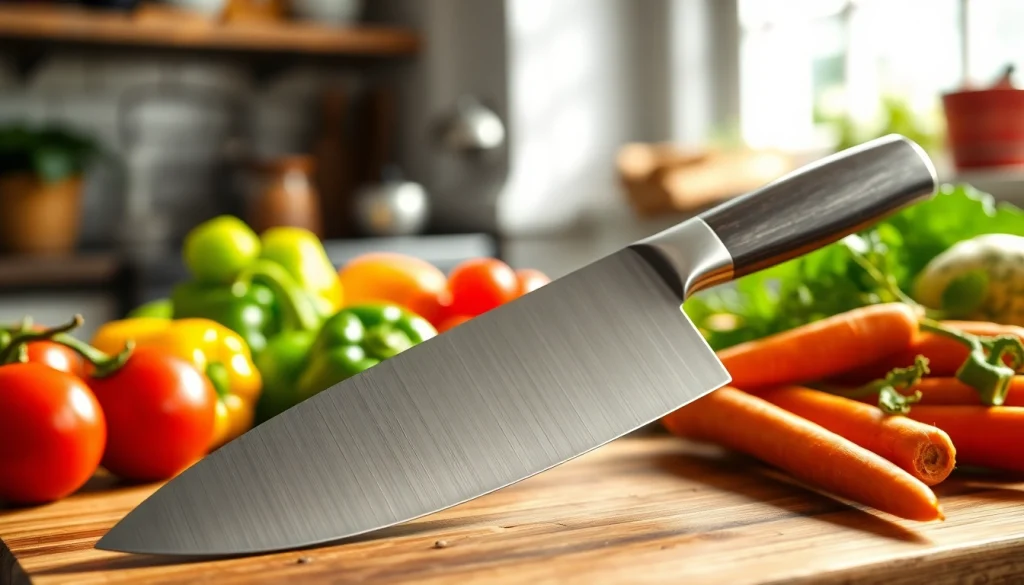 Showcasing a chef’s knife NZ on a wooden board, surrounded by vibrant vegetables.