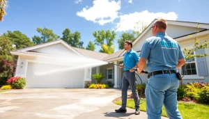 Soft wash cleaning service in Kissimmee, Florida, showcasing a professional team restoring a home's exterior.