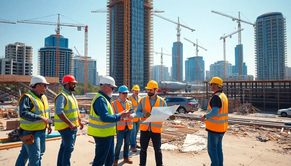 Austin construction site bustling with workers, equipment, and urban development.