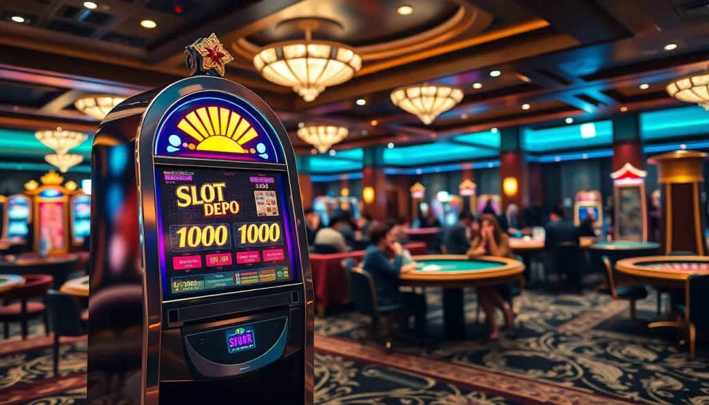 Pemain yang antusias berinteraksi dengan mesin slot Depo 1000 dalam suasana kasino yang hidup.