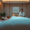 출장 마사지 session in a tranquil hotel room with a professional therapist and elegant decor.