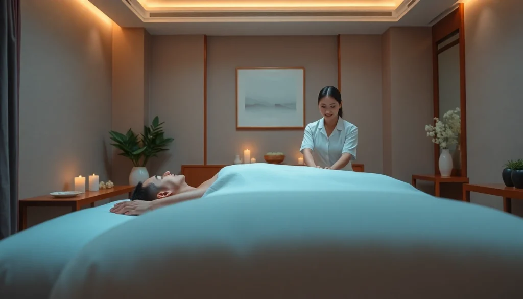 출장 마사지 session in a tranquil hotel room with a professional therapist and elegant decor.