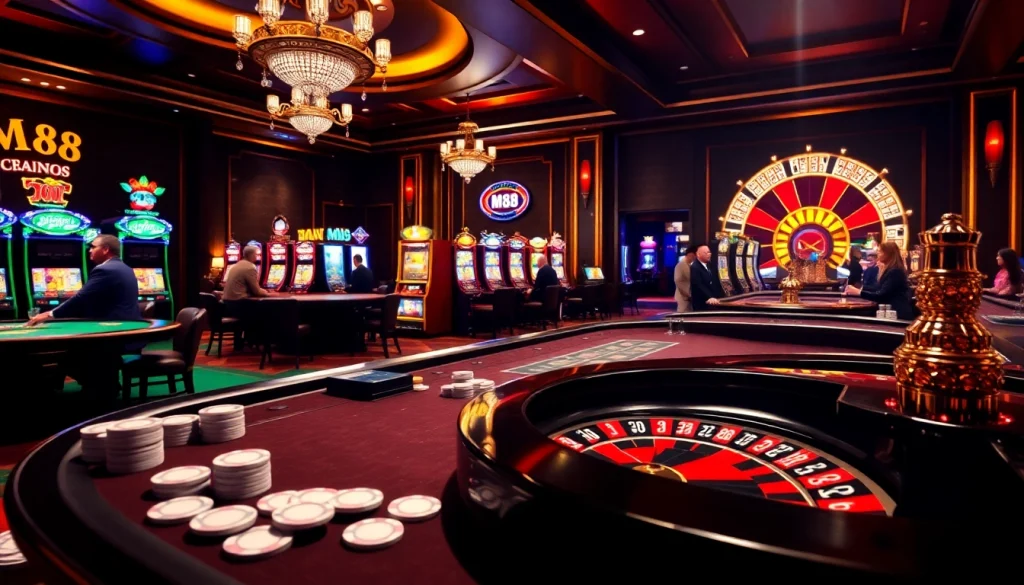 Experience thrilling gameplay at MM88 with poker tables, roulette wheels, and vibrant slot machines.