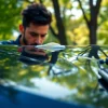 Professional car detailing Chattanooga with a detailer polishing a vehicle in bright sunlight.