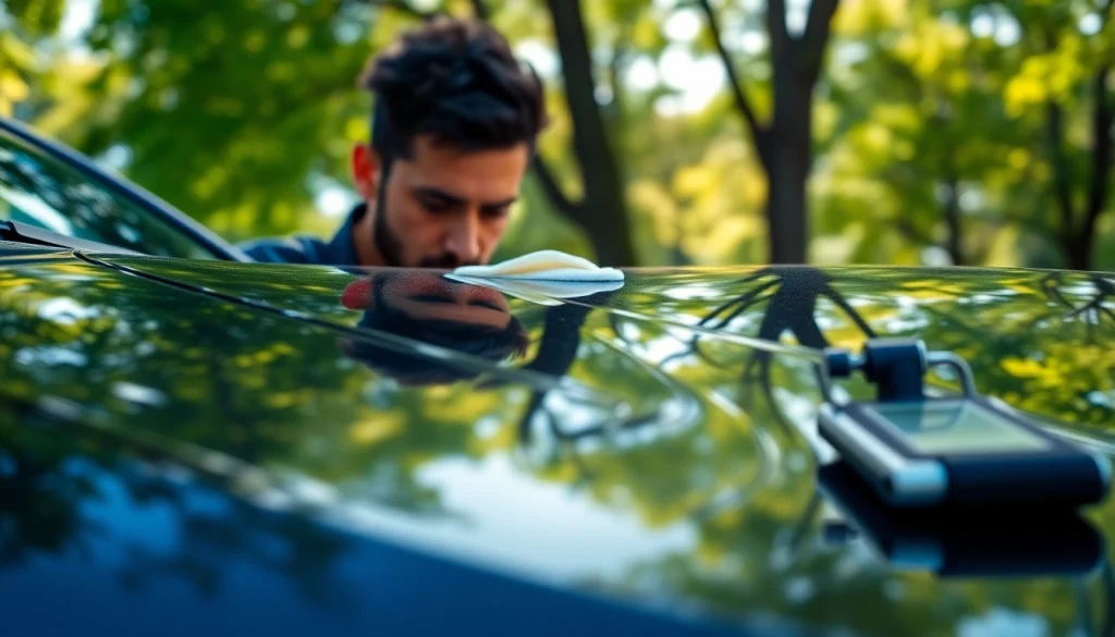 Professional car detailing Chattanooga with a detailer polishing a vehicle in bright sunlight.