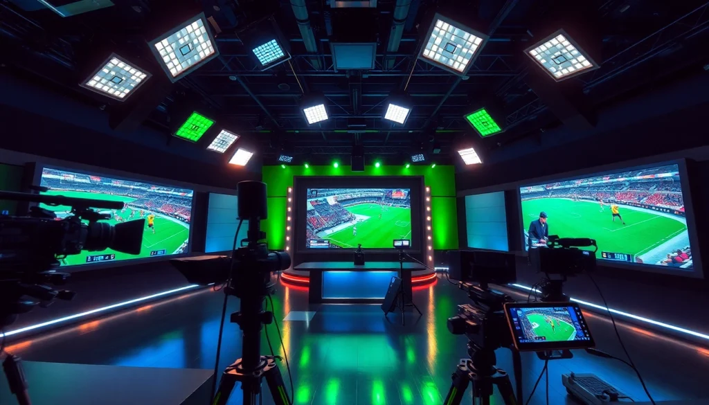 Captivating live sports broadcasting studio equipped with modern technology, creating an engaging atmosphere.