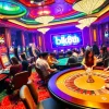 Players enjoying a thrilling game in the luxury setting of bk8th casino, featuring slot machines and poker tables.